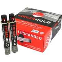 Trade pack of Firmahold clipped head nails with two fuel cells, red and black packaging, TIMCO branding.