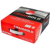 Red and white TIMCO Firmahold box containing collated clipped head nails with ring shank, size 2.8 x 63mm.