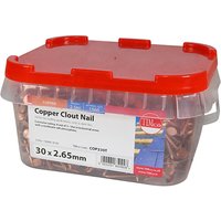 Clear plastic tub with red lid containing copper clout nails, labeled "Timco COP230T 30 X 2.65"