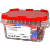 Clear plastic tub of TIMCO copper clout nails, red lid, labeled 38 x 2.65mm.