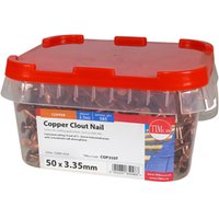 Clear plastic box with red lid containing copper clout nails, labeled "Copper Clout Nail 50 x 3.35mm" by TIMCO.