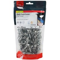 TIMCO silver hex slash point screws with EPDM washer, 6.3 x 32mm, in a clear TIMbag containing 120 pieces.