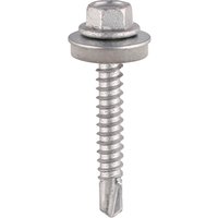 Silver hex-head self-drilling screw with EPDM washer, threaded body, and pointed tip for light section steel.