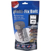 Silver TIMCO masonry bolts with hex head, 10.0 x 150 size, packaged in a blue TIMbag with product details.