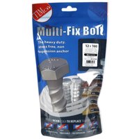 Silver TIMCO masonry bolts with hex head, 12.0 x 100mm, packaged in a blue TIMbag with product details.