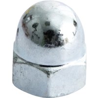 Hexagonal zinc-plated dome nut, shiny silver finish, rounded top, M12 size, by TIMCO.