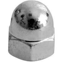 Hexagonal silver dome nut, A2 stainless steel, shiny finish, M5 size, packaged in a set of 10 by TIMCO.
