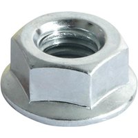 Hex serrated flange nut, zinc-plated, M20 size, with a shiny silver finish and six-sided design.