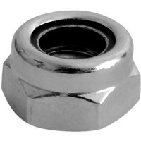 Nylon nut with silver A2 stainless steel finish, hexagonal shape, and threaded interior, M8 size, by TIMCO.