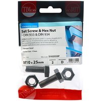 Stainless steel Timco set screws and hex nuts, M10 x 25, in clear packaging with black and red branding.