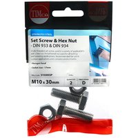 Timco stainless steel M10 x 30 set screws and hex nuts in clear packaging with red and black label.
