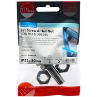 Stainless steel TIMCO set screws and hex nuts, M12 x 30, in clear packaging with blue and red branding.