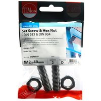 Stainless steel TIMCO set screws and hex nuts, M12 x 40, in clear packaging with red and black branding.