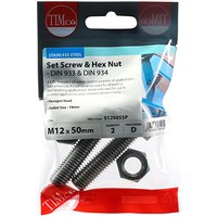 Stainless steel set screws and hex nuts, M12 x 50, in clear TIMpac packaging with red and blue accents.