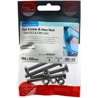 "Timco stainless steel set screws and hex nuts, M6 x 50, in clear packaging with red and blue label, pack of 4"
