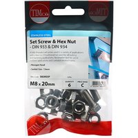 "Timco stainless steel set screws and hex nuts, M8 x 20, in clear plastic pack with red and blue branding"