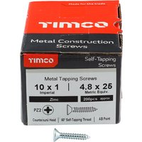 Box of Timco zinc self-tapping screws, Pz countersunk, 4.8x25mm, 200 count, with screw illustration on packaging.