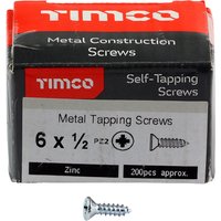 Box of Timco zinc self-tapping screws, Pz countersunk, 6x1/2 inch, 200 pieces, with one screw displayed.