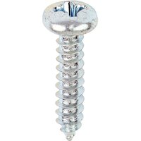 TIMCO zinc-plated self-tapping screw with pan head and PZ drive, featuring sharp threads and a shiny finish.