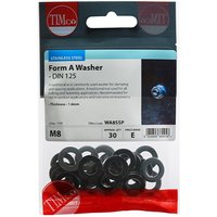 Stainless steel M8 washers in clear pack, labeled TIMCO WA8SSP Form A, 30 pieces, with red and blue branding.