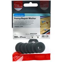 Stainless steel penny washers M8 x 25mm by TIMCO in a clear plastic pack with red and blue branding.