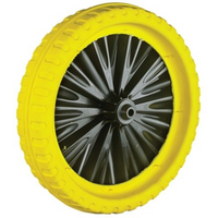 Yellow Titan puncture-proof wheel, 350mm, with black spokes and textured tread by Trilanco.