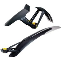 Black Topeak DeFender XC1 front and rear mudguard set with yellow accents, designed for 29" bikes, sleek and aerodynamic.