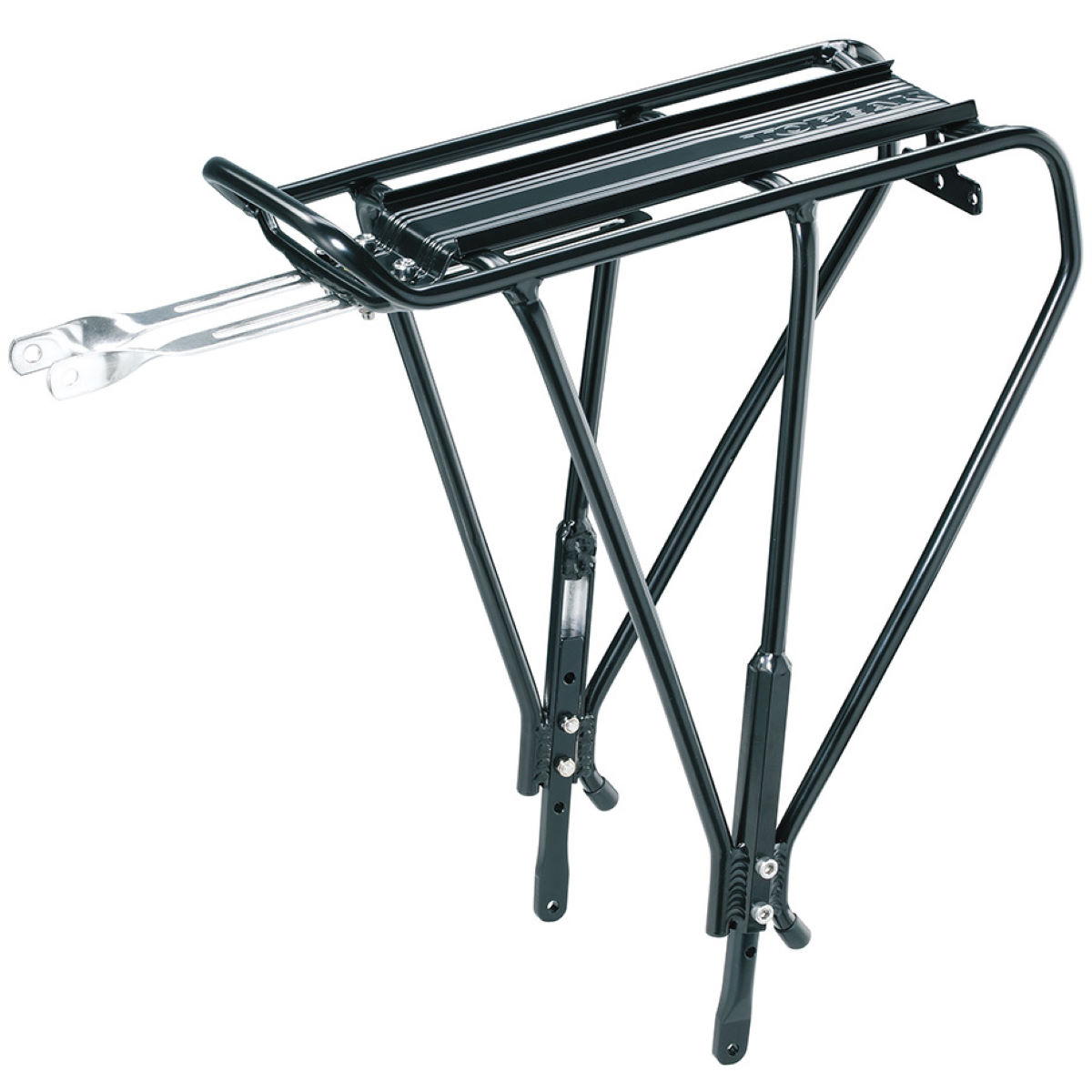 Black metal Topeak Explorer Uni Disc 2.0 pannier rack featuring a sturdy frame, adjustable arms, and a flat top surface designed for carrying cargo on bicycles.