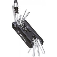 Black Topeak Hexus X multi-tool with silver hex wrenches, tire levers, and chain tool.