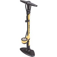 Yellow and black Topeak Joe Blow Sport III floor pump with ergonomic handle and large pressure gauge.