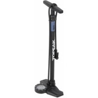 Black Topeak JoeBlow Roadie EX floor pump with ergonomic handle, pressure gauge, and slim barrel design.