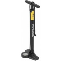 Black Topeak JoeBlow Sport EX floor pump with yellow pressure gauge and ergonomic handle.