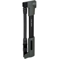 Compact black and gray Topeak Pocket Shock Pump Nano with flexible hose and ergonomic handle.