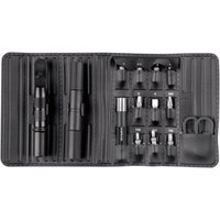 Black Topeak Ratchet N Roll Elite multi-tool set with ratchet, bits, and tire levers in a compact roll-up case.