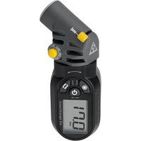 Black Topeak SmartHead Digital Gauge D2 with LCD screen, yellow buttons, and angled nozzle for tire pressure measurement.