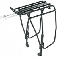 Black Topeak Uni Super Tourist DX Disc bike rack with adjustable side frames and rear light mount.