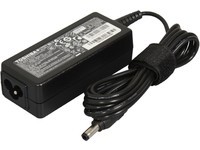 Black Toshiba K000094420 power adapter with a rectangular design, featuring a textured surface, a power cord, and a cylindrical connector tip.