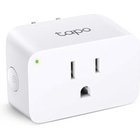 White TP-Link Tapo P105 smart plug with single outlet, compact design, side power button, and small LED indicator.