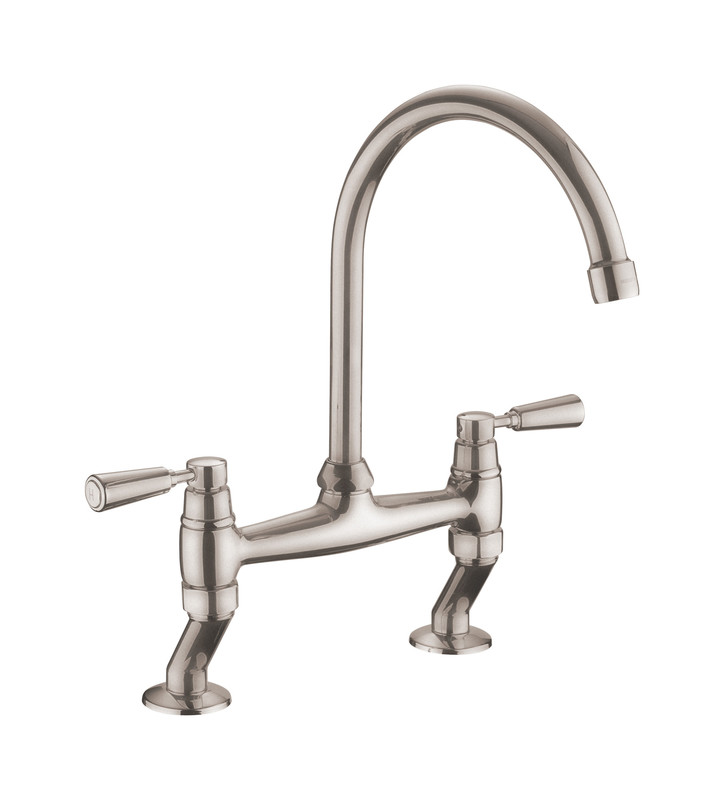 Traditional dual lever bridge tap in brushed stainless steel finish, featuring a high arch spout and two separate lever handles for hot and cold water control.