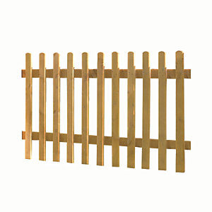 Pale dip-treated wooden picket fence, measuring 6 x 3 feet, featuring vertical slats and rounded tops, ideal for garden boundaries.