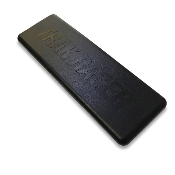 Black ABS end cap with a textured surface and embossed "TRAK RACER" logo, designed for use with Trak Racer TR160, TR120, and TR80 cockpits, measuring 120 x 40mm.