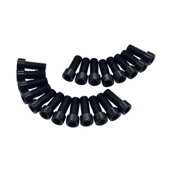 Black hex screws arranged in a semi-circle, designed for T-slot nuts, measuring M8 x 20, showcasing a durable metal construction with a threaded design.