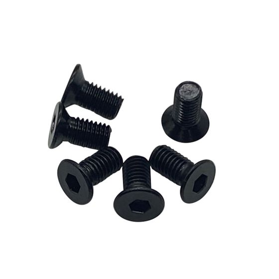 Black flat screws with hexagonal heads, made of durable metal, arranged in a scattered formation, designed for secure fastening in various applications.