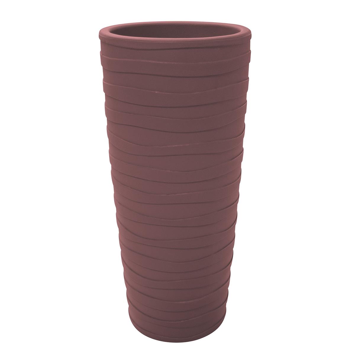 Tall, cylindrical brown planter with a textured, ribbed surface, made of durable material, ideal for indoor or outdoor use.
