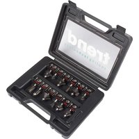 Black plastic case with 12-piece Trend router cutter set, 8mm shank, organized in foam slots, transparent lid.