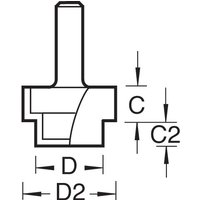 Router bit with cylindrical shank, flat base, and cutting edges, labeled dimensions for precision woodworking.