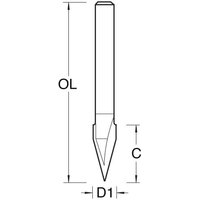 Trend 30 Deg V Groove cutter, 6.3mm diameter, silver with pointed tip, long shank, for CNC wood routing.