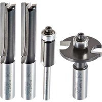 Trend 4 Piece Kitchen Fitters Router Cutter Set with silver shanks and black cutting edges, includes various cutter shapes.