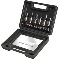 Trend 6 Piece 1/2 Shank Router Cutter Set in black case with foam inserts, each cutter labeled and secured in slots.
