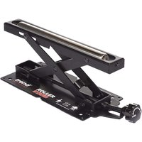 Black Trend adjustable benchtop mitre saw roller stand with scissor lift mechanism and silver roller.